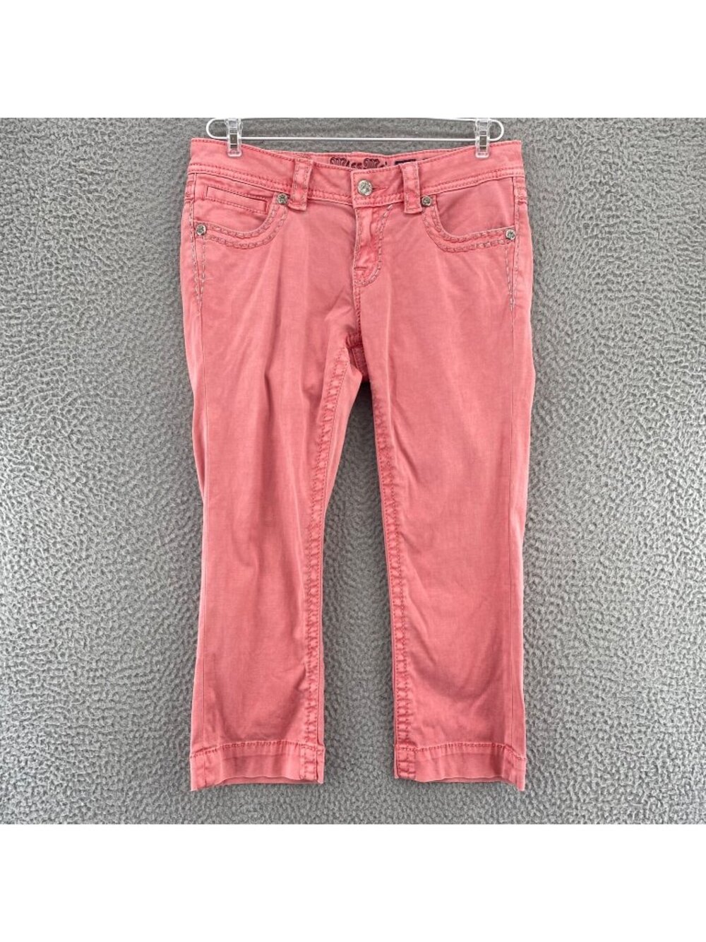 Miss Me Jeans Womens 28 Pink Cargo Capri Contrast Trim Stretch Crop Skinny Bling